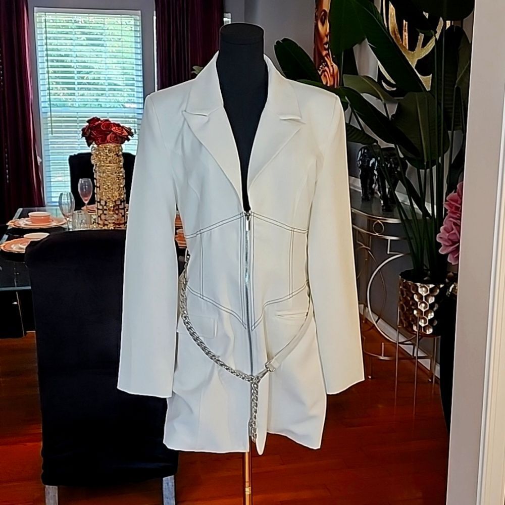 Maniere De Voir White Tailored Blazer Dress with Chain Detail